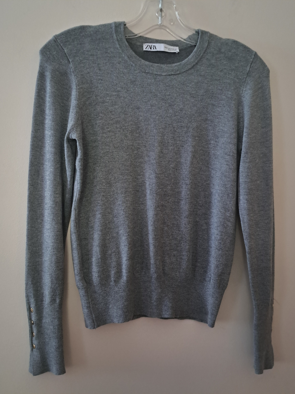Zara Gray Crewneck Sweater with Cuff Button Detail